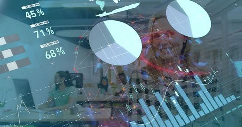 Businesswoman Presenting Data with Holographic Visuals in Modern Office