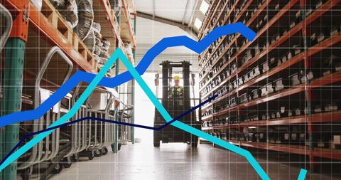 Warehouse and Data Overlay Depicting Global Shipping and Finance Trends - Download Free Stock Images Pikwizard.com