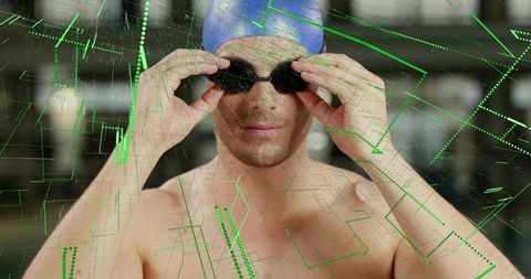 Swimmer Adjusting Goggles with Futuristic Digital Overlay