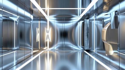 Futuristic Metallic Corridor with LED Reflections