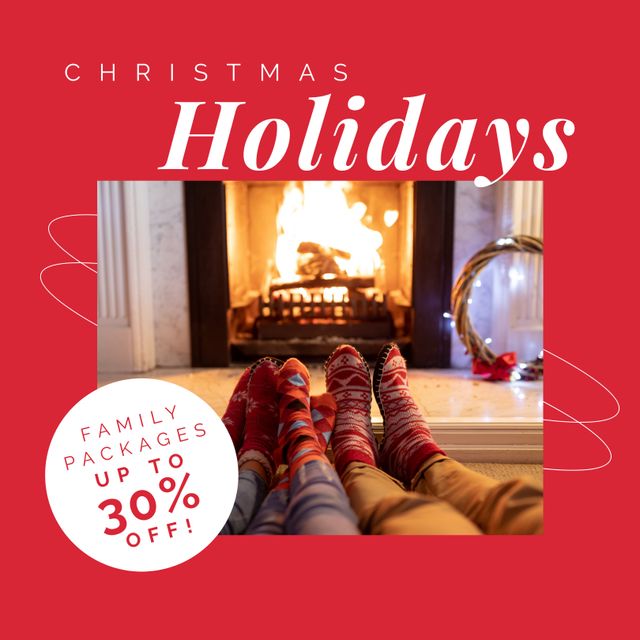 Composition of christmas holidays text over socks and chimney. Christmas and celebration concept digitally generated image.