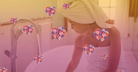 Relaxed Woman Enjoying a Bath with Floral Hearts