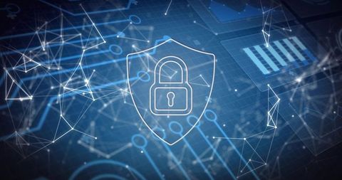 Securing Digital Networks with Shield and Padlock Over Blue Circuit Grid and Node Topology