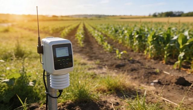 Wireless soil sensor measuring moisture and air temperature in cornfield at golden hour