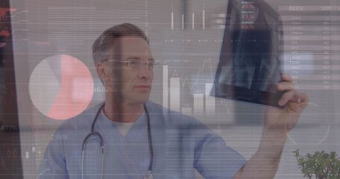 Doctor Analyzing X-ray with Futuristic Data Overlay
