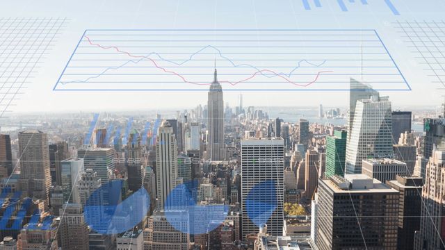 Cityscape with overlaid financial graphs perfect for articles on economic trends, finance, stock market analysis, and business growth. Ideal for presentations, digital marketing, blogs, and financial news reporting.