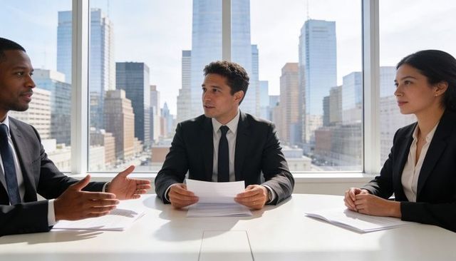 Executive leading strategic meeting in sunlit boardroom with expansive city skyline view