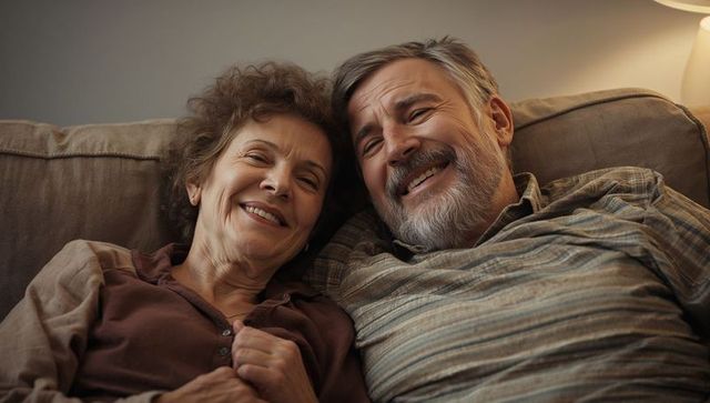 Smiling senior couple reclining on sofa, cozy evening at home, intimate companionship
