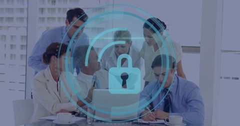 Business team collaborating on cybersecurity strategy with digital lock overlay