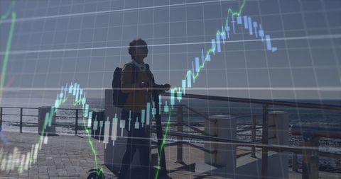 Financial growth chart over woman with scooter at seaside