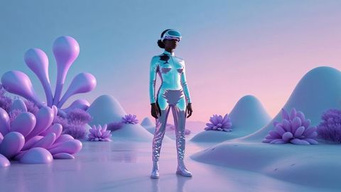 Futuristic Explorer Navigating Vibrant Alien Landscape in Virtual Reality