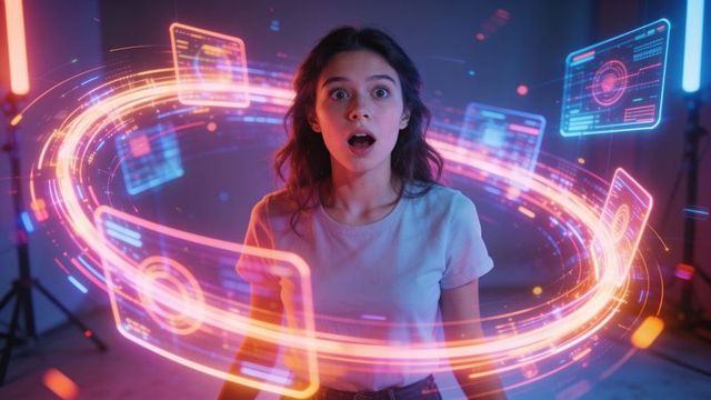 Teen reacting to rotating holographic interface ring with neon augmented reality hud