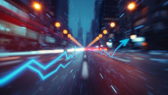 Dynamic Blue Digital Growth Chart Overlay in Cityscape at Night