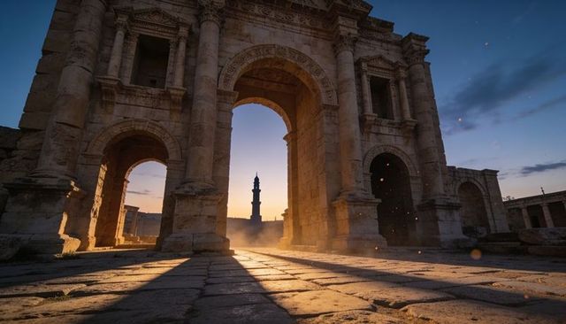 Backlit ancient stone arch at dawn casting long shadows and glowing dust in ruins