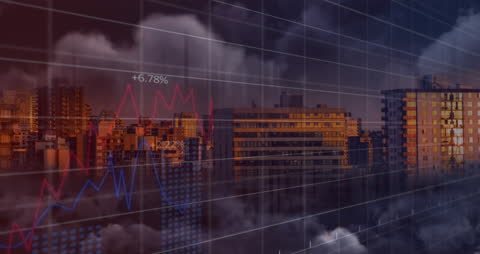 Global Networking and Data Animation Over Urban Skyline