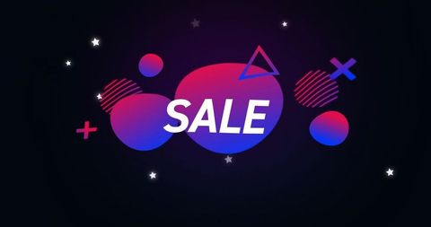Neon gradient sale banner featuring floating geometric shapes, stars and vibrant circles