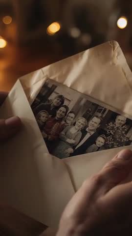 Opening Vintage Family Portrait Envelope, Revealing Multigenerational Keepsake in Warm Light