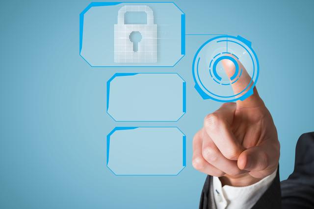 Hand pointing at padlock graphic on blue background represents concepts of digital security and cybersecurity. Ideal for illustrating secure access, data protection, encryption, and password protection themes in technology-related materials.