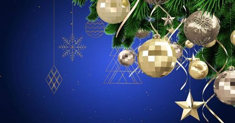 Golden ornaments and pine branch against bright blue background