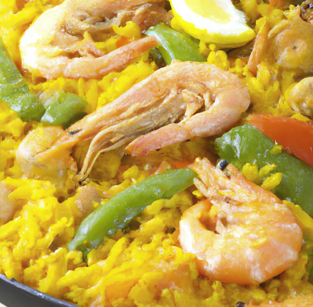 Showcasing a close-up of traditional Spanish paella topped with shrimps and colorful vegetables like green peppers and lemon slice. Perfect for use in articles and advertisements about Spanish cuisine, restaurant menus, food blogs, cookbook illustrations, and travel guides focusing on Mediterranean diet and culinary traditions.