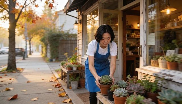 Small plant shop owner arranging succulents on sidewalk display during autumn golden hour