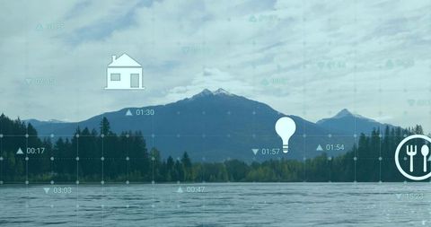 Mountain Lake Landscape with Data Visualization Overlay