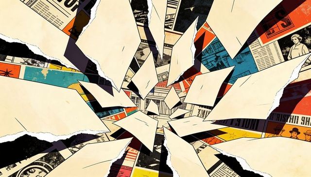 Retro torn paper burst revealing vintage newsprint collage with distressed halftone shards