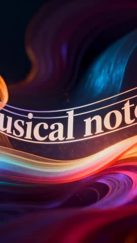 Panning Vertical Video Revealing Swirling Neon Ribbon with Musical Notes Typography