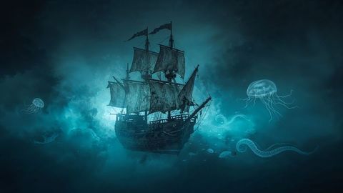 Mystical tall pirate ship with glowing undersea creatures in deep ocean