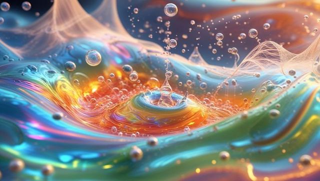 Vibrant fluid splash with iridescent waves and droplets
