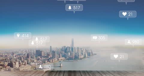 Social Media Engagement Symbols Overlayed on Skyline
