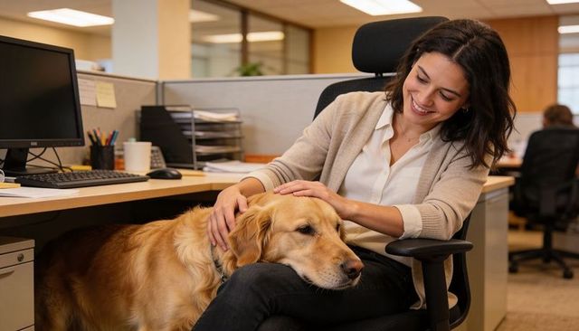 Office worker smiling while petting golden retriever on lap in modern cubicle workspace
