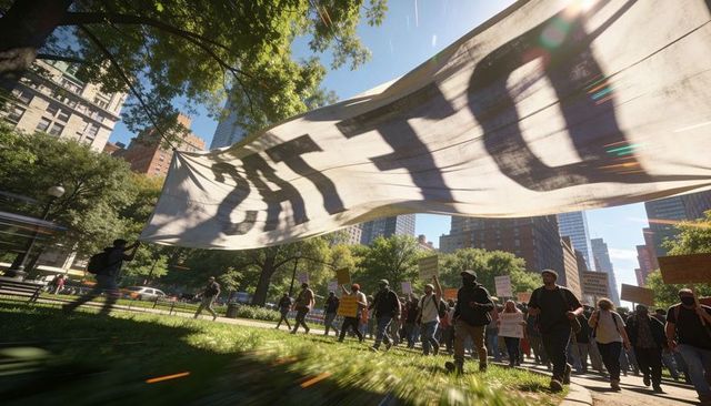 Protesters marching under giant stretched banner across city park on sunny urban day