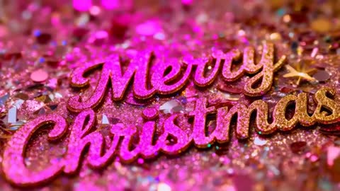 Camera focusing on glittering Merry Christmas cutout with macro sequin bokeh and sparkle