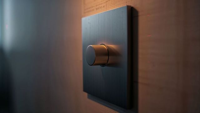 Modern brushed metal dimmer knob on matte dark wall plate with warm ambient rim lighting