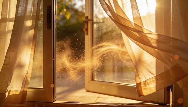 Golden sunlight streaming through casement window, curtains drifting, dust motes glowing