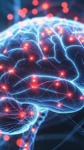 Vertical video showing glowing brain network lighting red neurons and tracing neural filaments