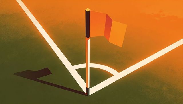 Corner flag casting long shadow on soccer pitch during golden hour minimalist geometry