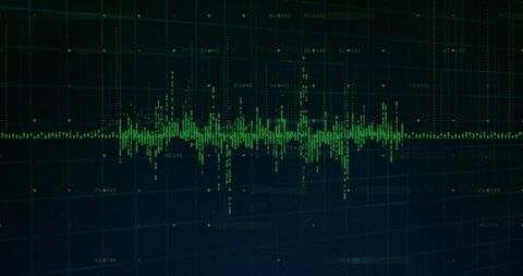 Neon green waveform visualizing real-time signal and spectral data on dark grid dashboard