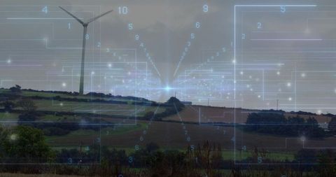 Rural smart grid hub sending converging light trails across wind turbine and fields