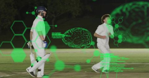 Cricket players walking and running with green digital analytics overlay on night field