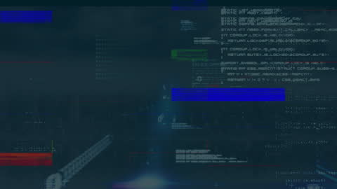 Digital Data Processing and Code Animation on Blue Background
