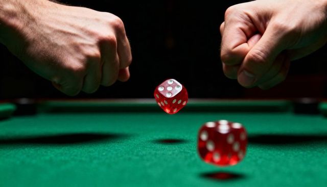 Tumbling red dice over green felt with clenched fists conveying high-stakes tension