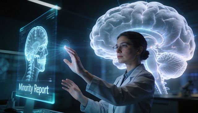 Female Neuroscientist Manipulating Holographic Brain and Skull Interface for AI Diagnostics