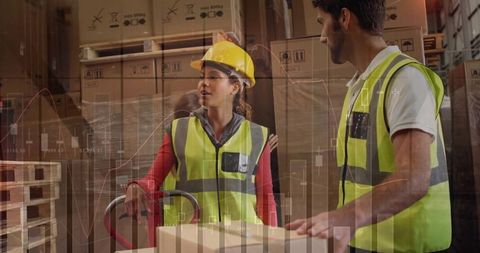 Warehouse Workers Moving Pallet Jack Wearing Hardhats and Hi-Vis Vests with Data Overlay
