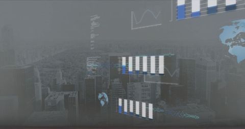 Futuristic Data Visualizations over Urban Cityscape Skyline