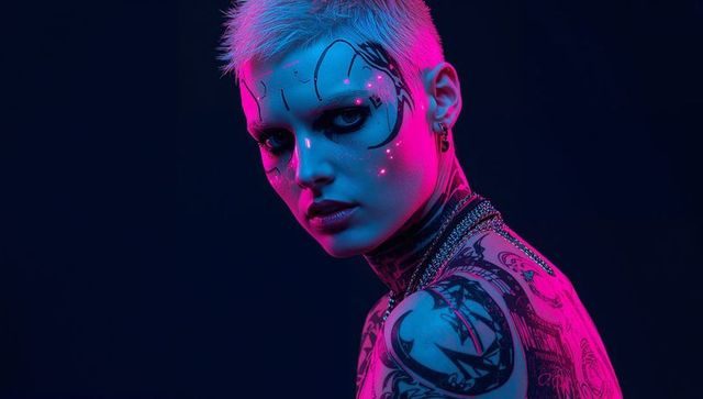 Alternative model with futuristic neon body art and tribal paint