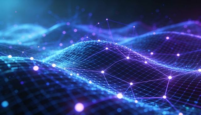 Undulating neon wireframe mesh visualizing data network waves and connected nodes