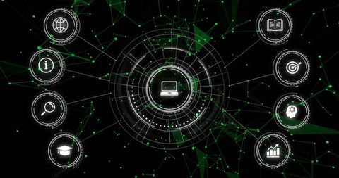 Digital Network Hub with Technology Icons and Green Mesh