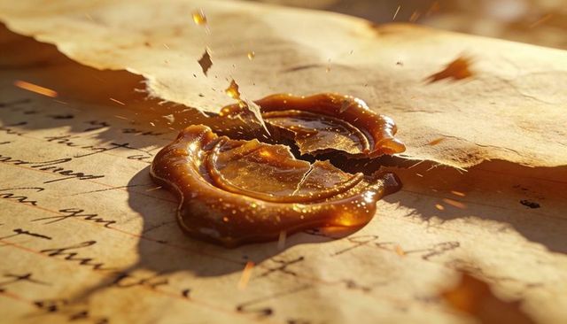 Cracked Amber Wax Seal Splitting on Aged Parchment with Glowing Shards and Vintage Script